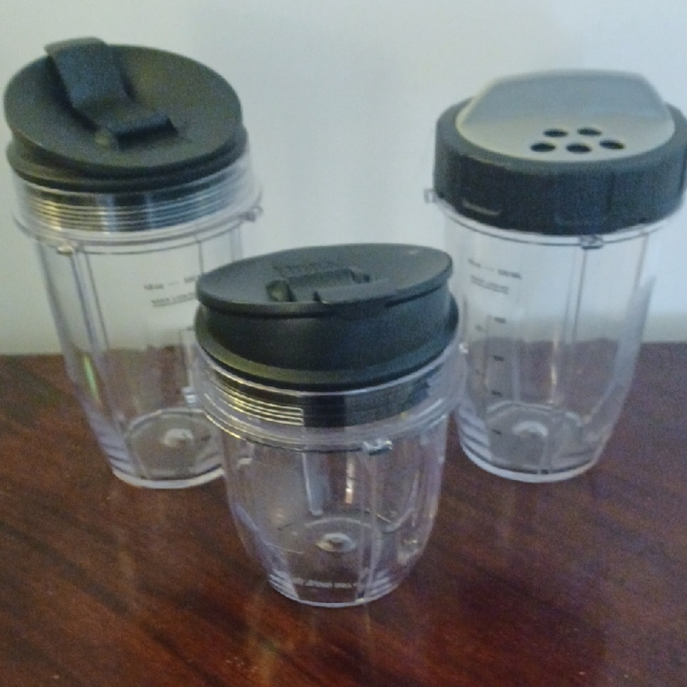 NUTRA NINJA Set of 3 Clear Plastic Blender/Shake Cups with Black Lids